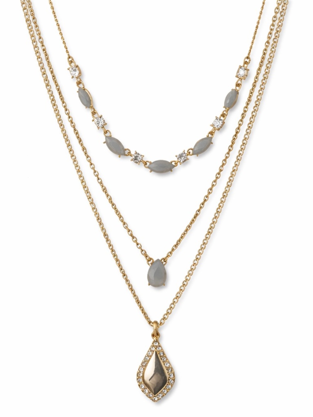 Givenchy Gold Tone Gray Stone & Crystal Three-Row Necklace.